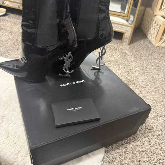 Yves Saint Laurent Glossy Black Heeled Boots - Picture 6 of 7